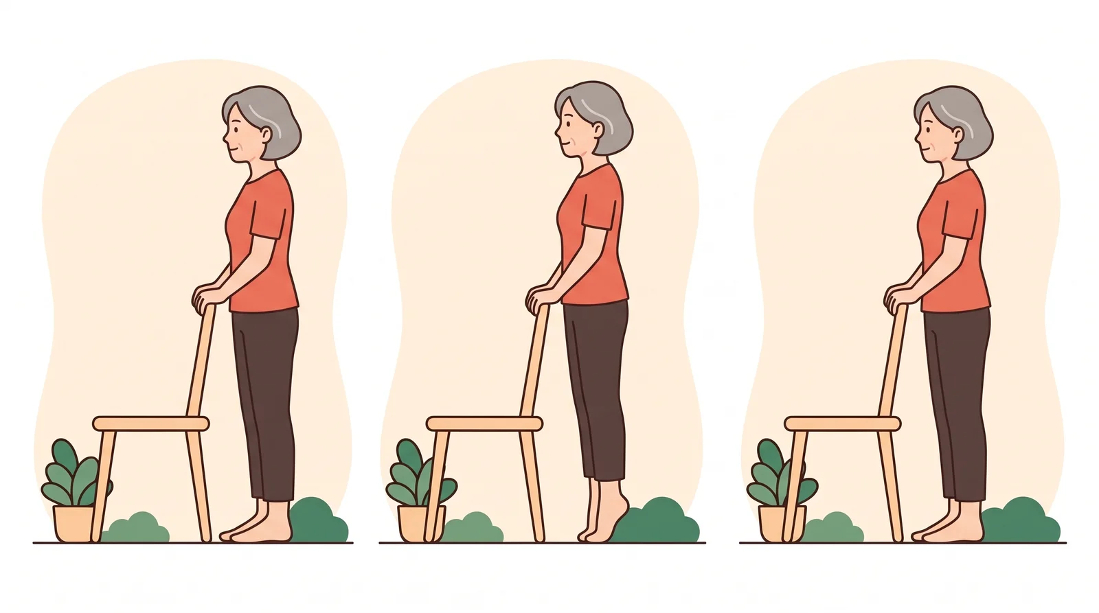 かかと上げの3つの段階：椅子の背につかまって立つ、かかとを上げてつま先立ちになる、ゆっくり下ろす