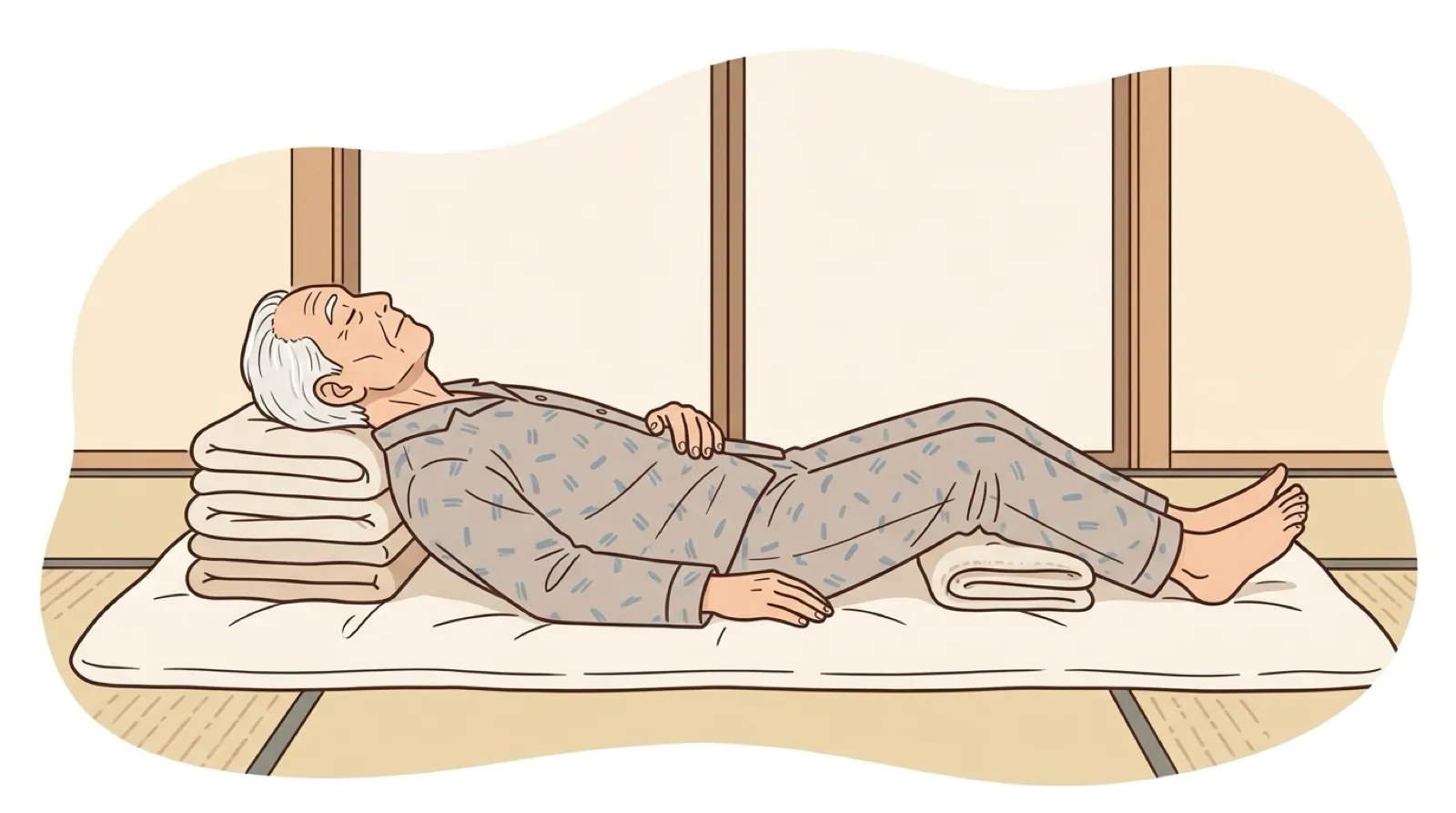 背中が丸い男性が仰向けに寝て、頭の下のすき間をたたんだバスタオルで埋めている