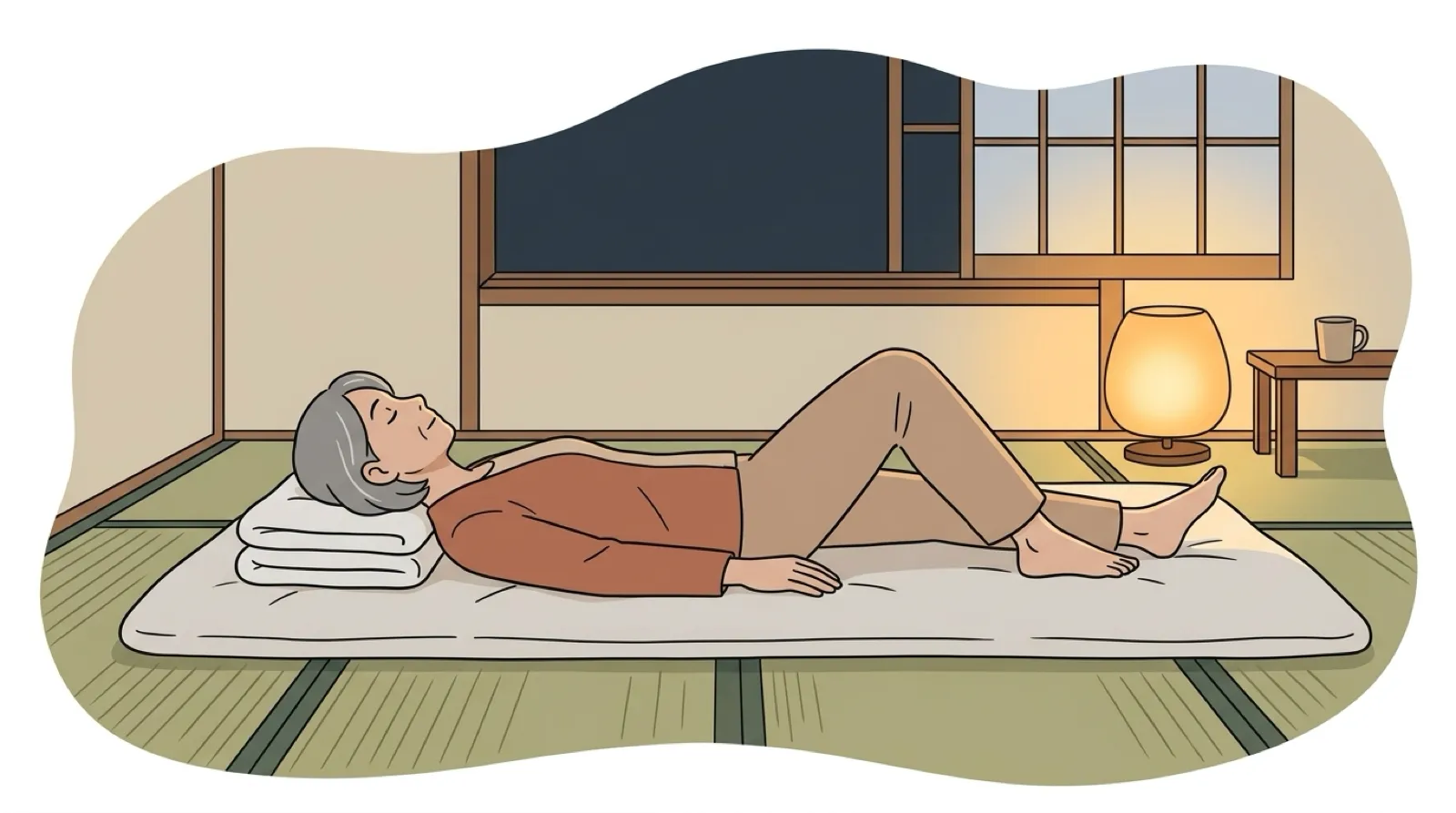 たたんだバスタオルを重ねて頭の下に置き、仰向けに寝る女性