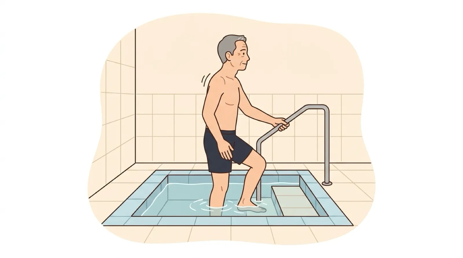 手すりにつかまり、足から水風呂に入る男性