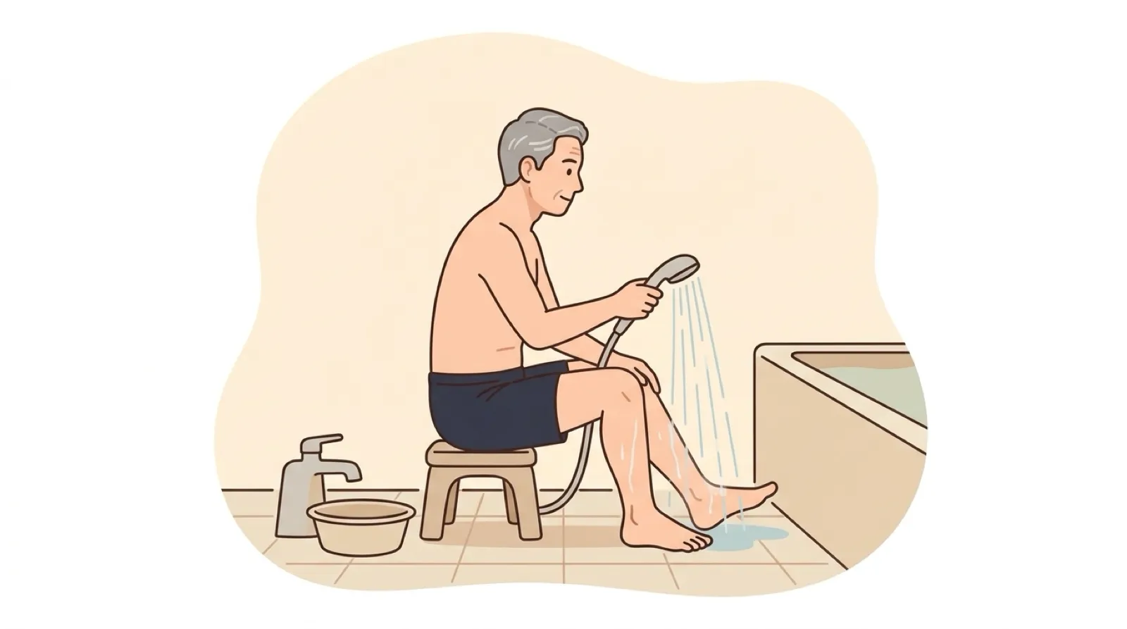 腰かけに座り、手持ちのシャワーで足に水をかける男性