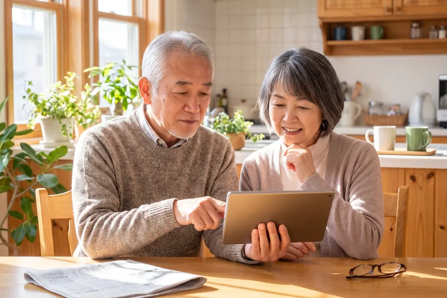 タブレットを一緒に見る夫婦