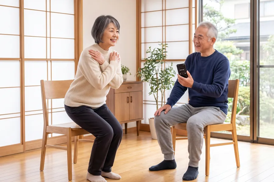 椅子からの立ち上がりを測る夫婦