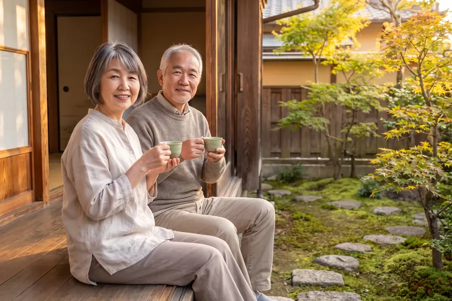 縁側でお茶を飲む夫婦