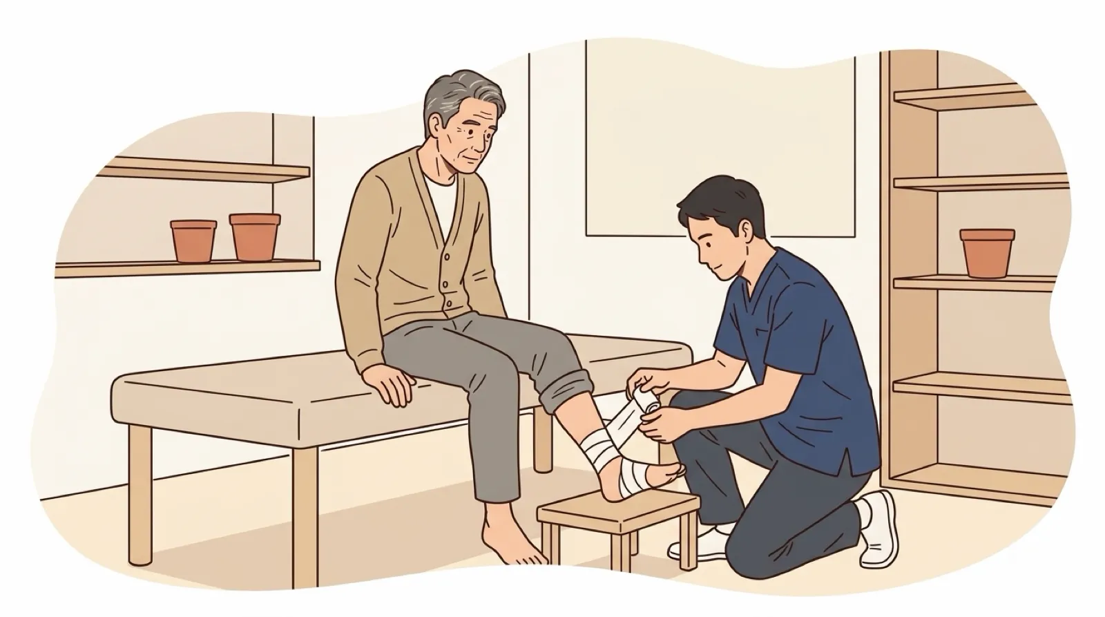 接骨院で、ひねった足首に包帯を巻いてもらう男性
